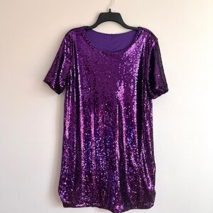 Purple Sequin Short Sleeve Dress